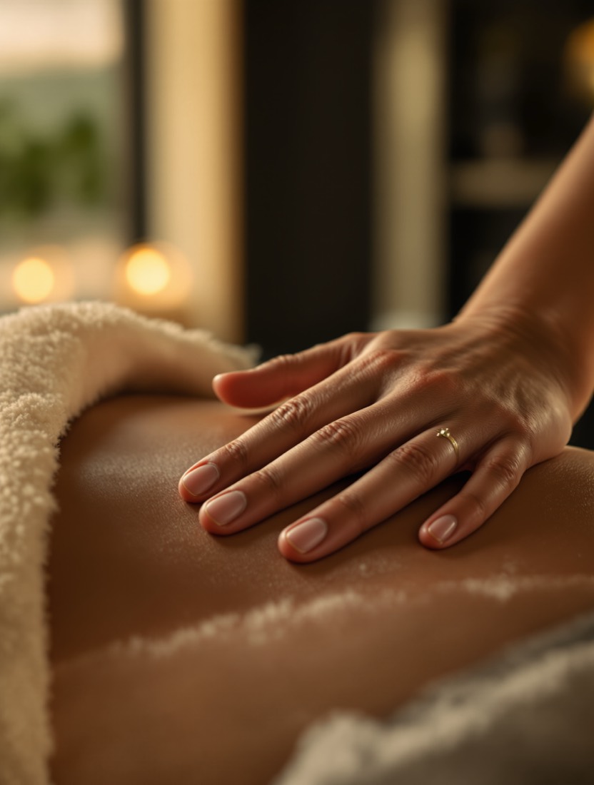 A therapist’s hands resting on a client’s shoulder