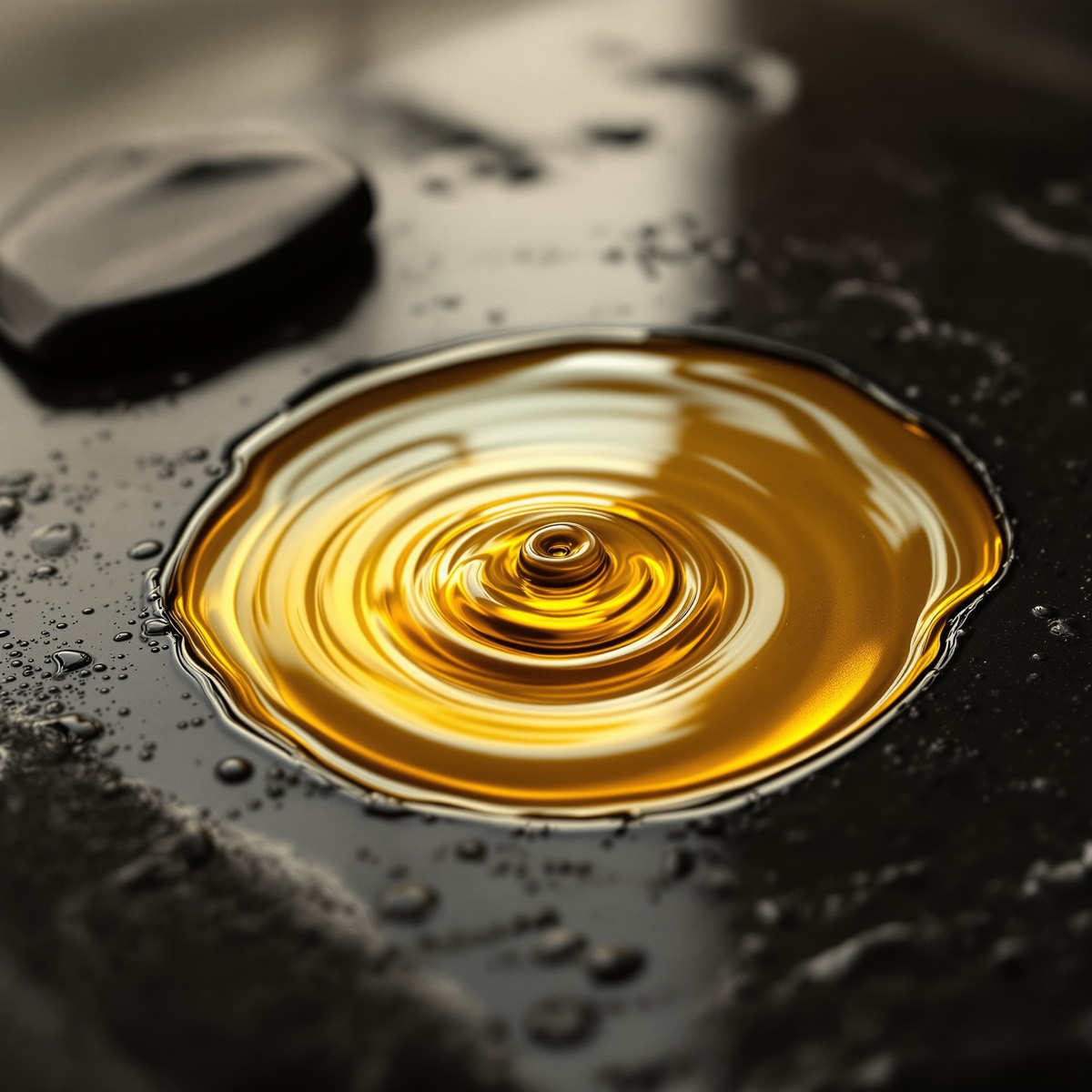 Warm golden massage oil rippling on dark stone